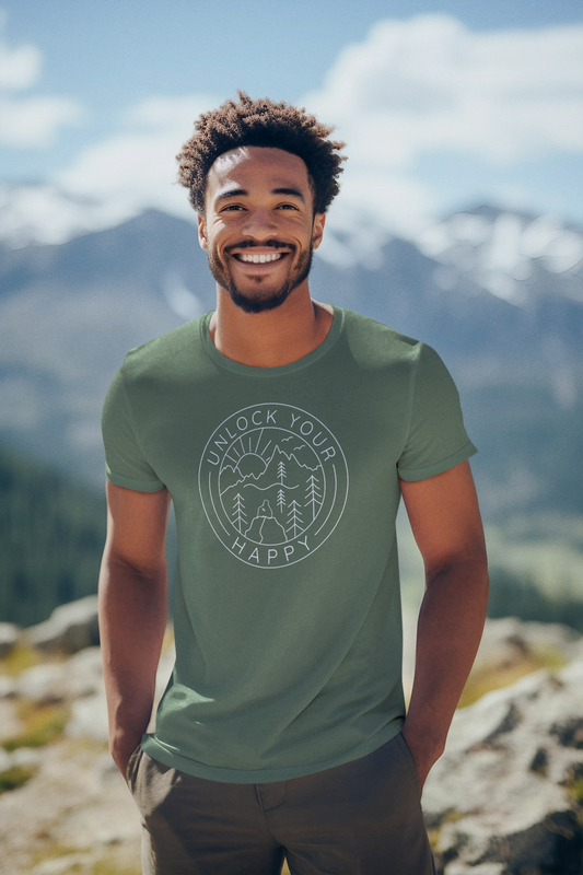 Unlock your happy T-shirt blending with nature's grandeur in the mountains.