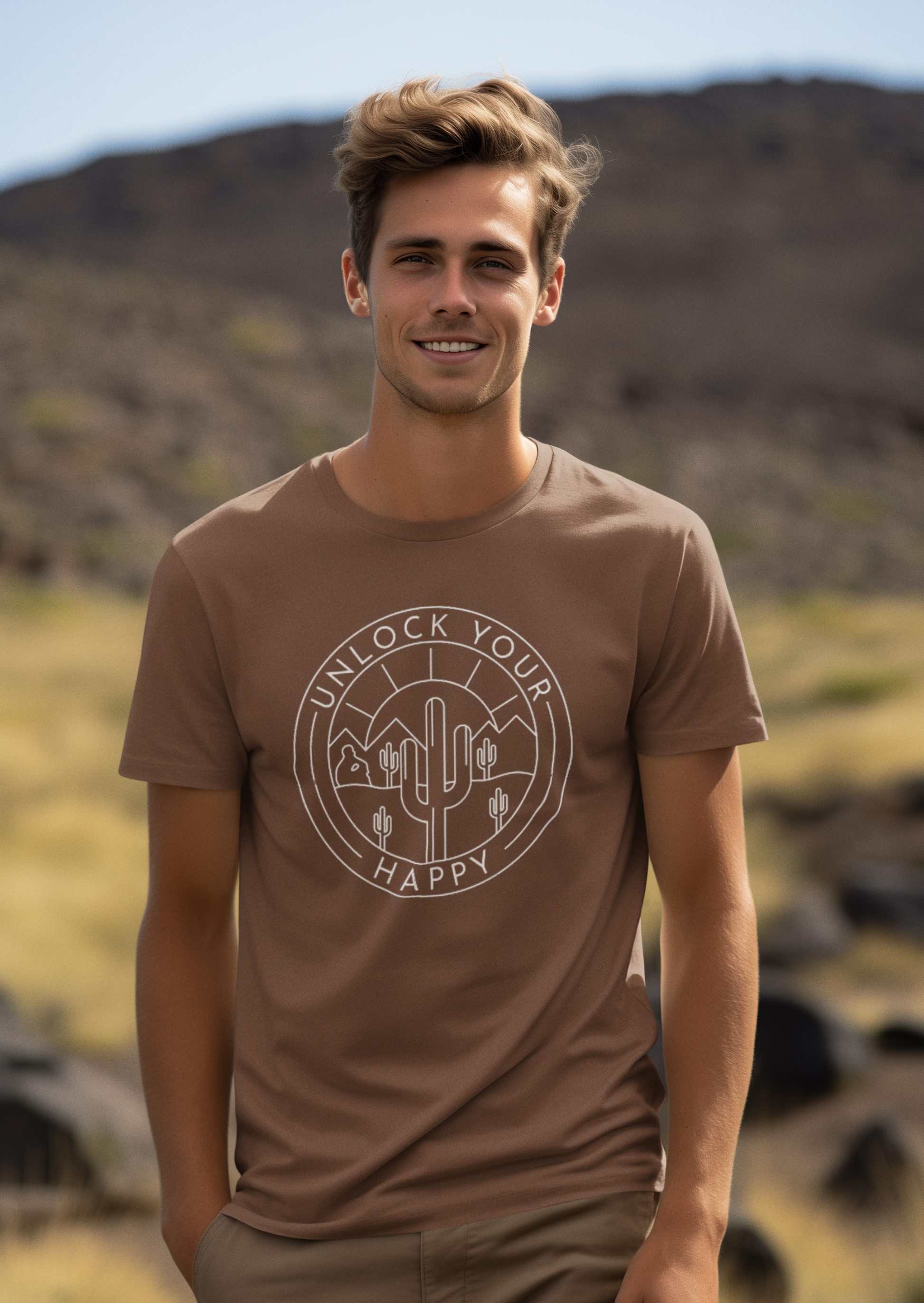 Tranquility of a Desert T-shirt Design with text Unlock Your Happy